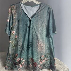 Chic Floral V-Neck Short Sleeve Blouse with Floral Designs - Teal